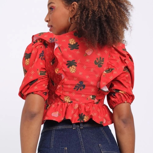 🍍 FARM Rio Red Tropical Print Ruffle Smocked Peplum Blouse (Size P / Small) - Picture 9 of 10